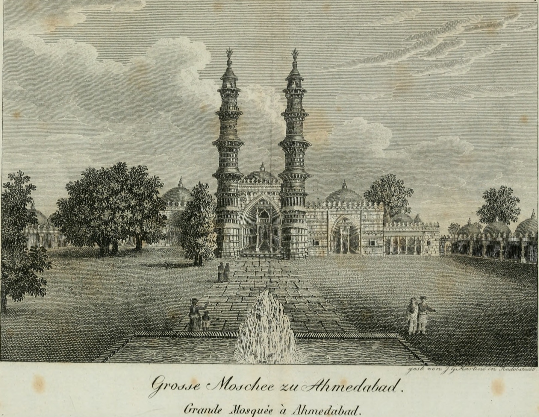 Engraved view of the Great Mosque at Ahmedabad from the 1827 Almanach de Gotha